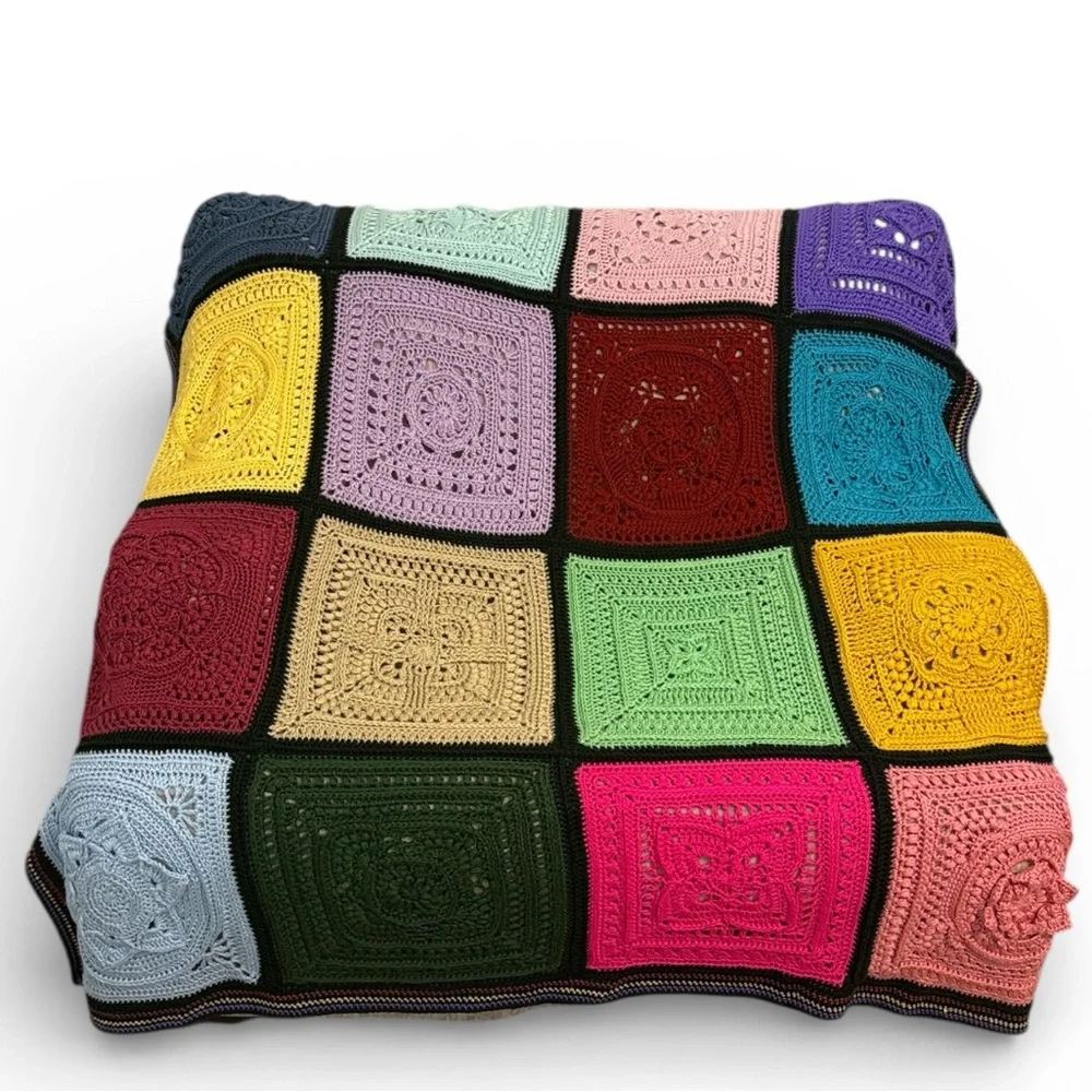 Vintage Granny Afghan Patch Crochet Knit Rainbow Throw Blanket 66” Square